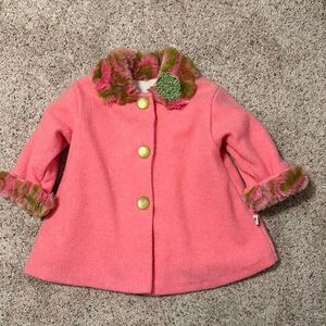 Corky & Company Girls Pink Green Felt Jacket Faux‎ Fur Velvet Flower 2T